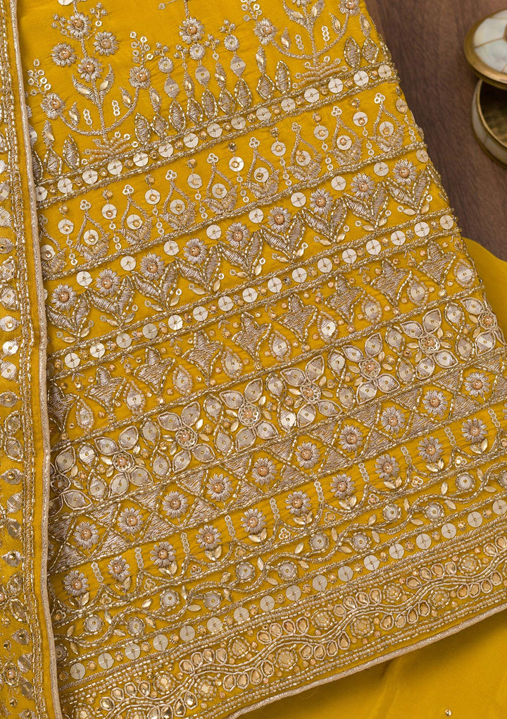 Mustard Zariwork Crepe Unstitched Salwar Suit