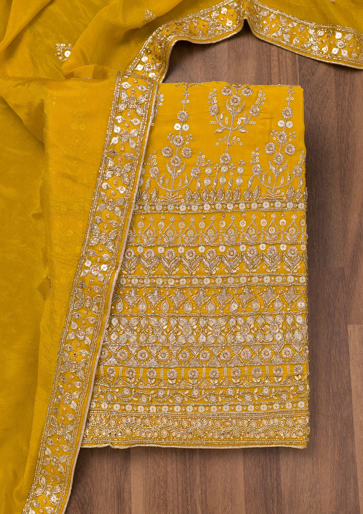 Mustard Zariwork Crepe Unstitched Salwar Suit