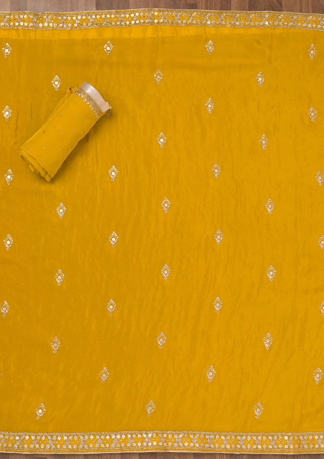 Mustard Zariwork Crepe Unstitched Salwar Suit