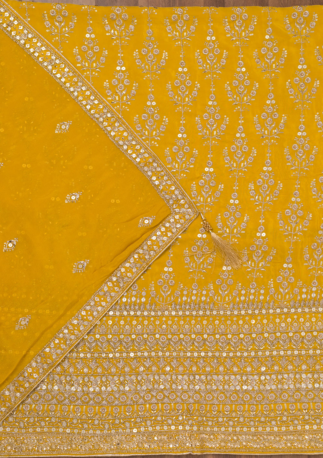 Mustard Zariwork Crepe Unstitched Salwar Suit