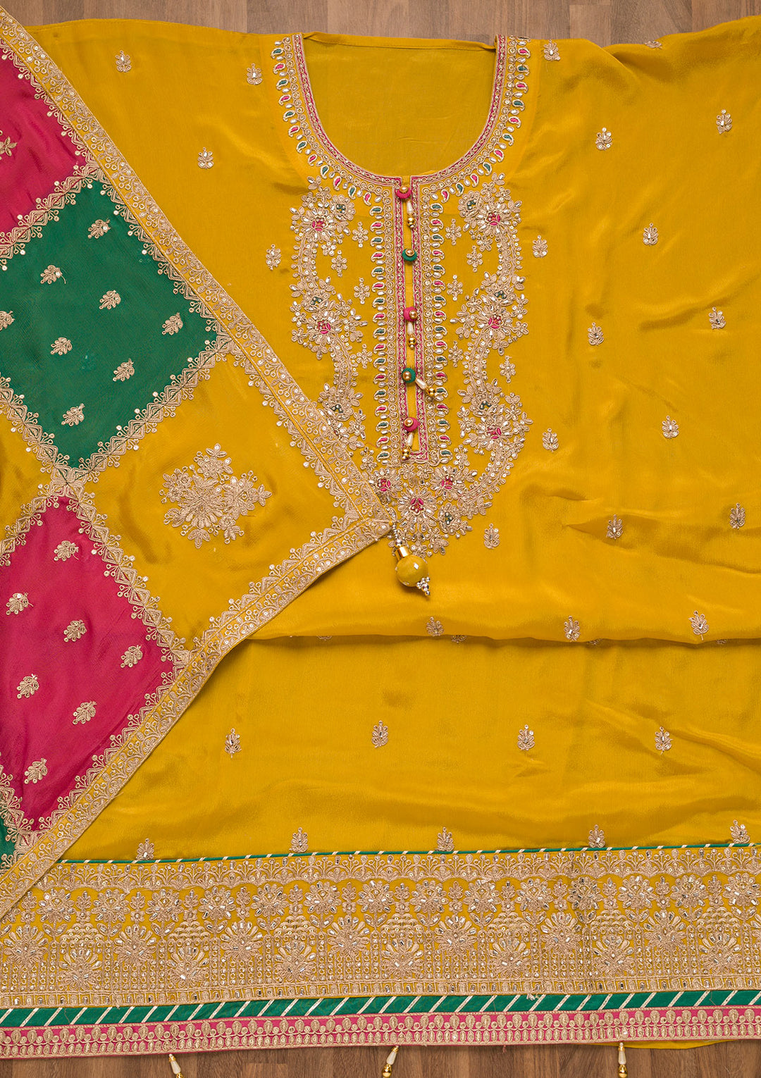 Mustard Zariwork Georgette Unstitched Salwar Suit