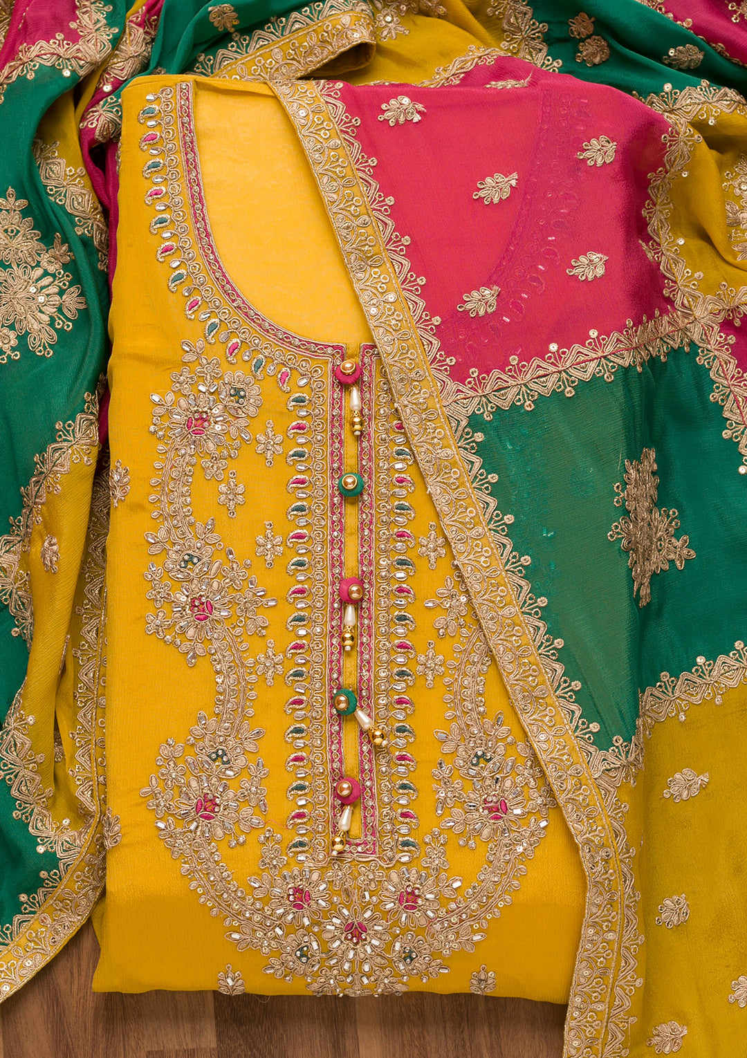 Mustard Zariwork Georgette Unstitched Salwar Suit