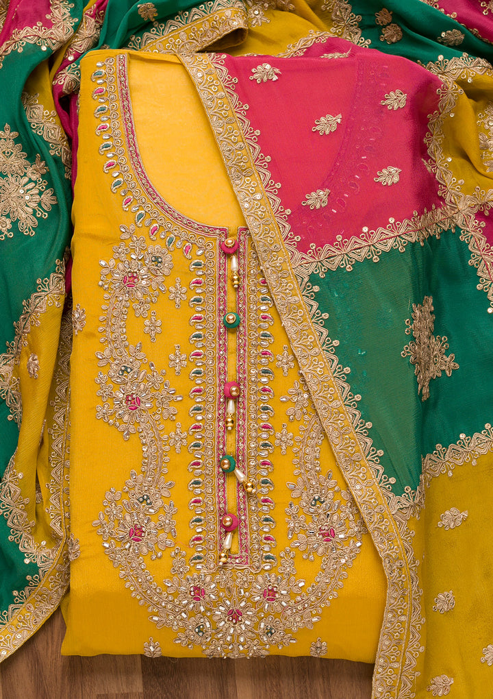 Mustard Zariwork Georgette Unstitched Salwar Suit