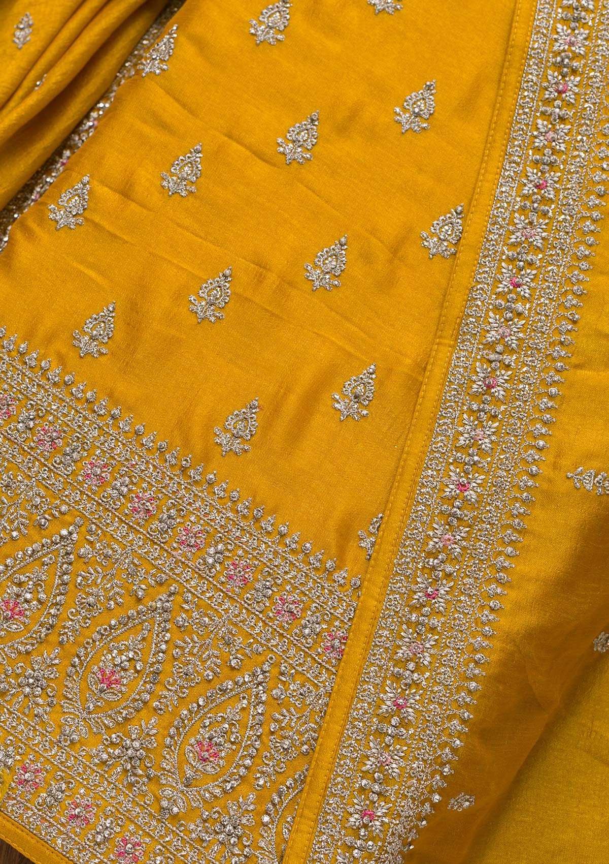 Mustard Zariwork Raw Silk Unstitched Salwar Suit