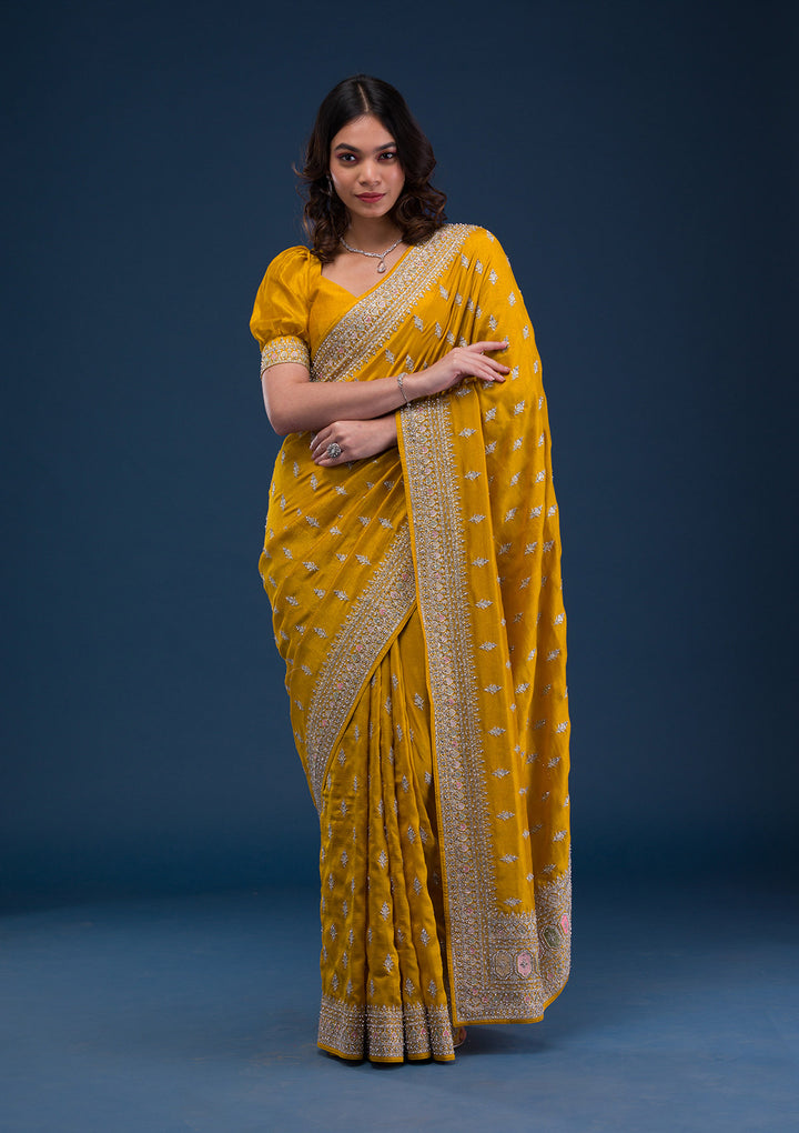 Mustard Zariwork Raw Silk Saree