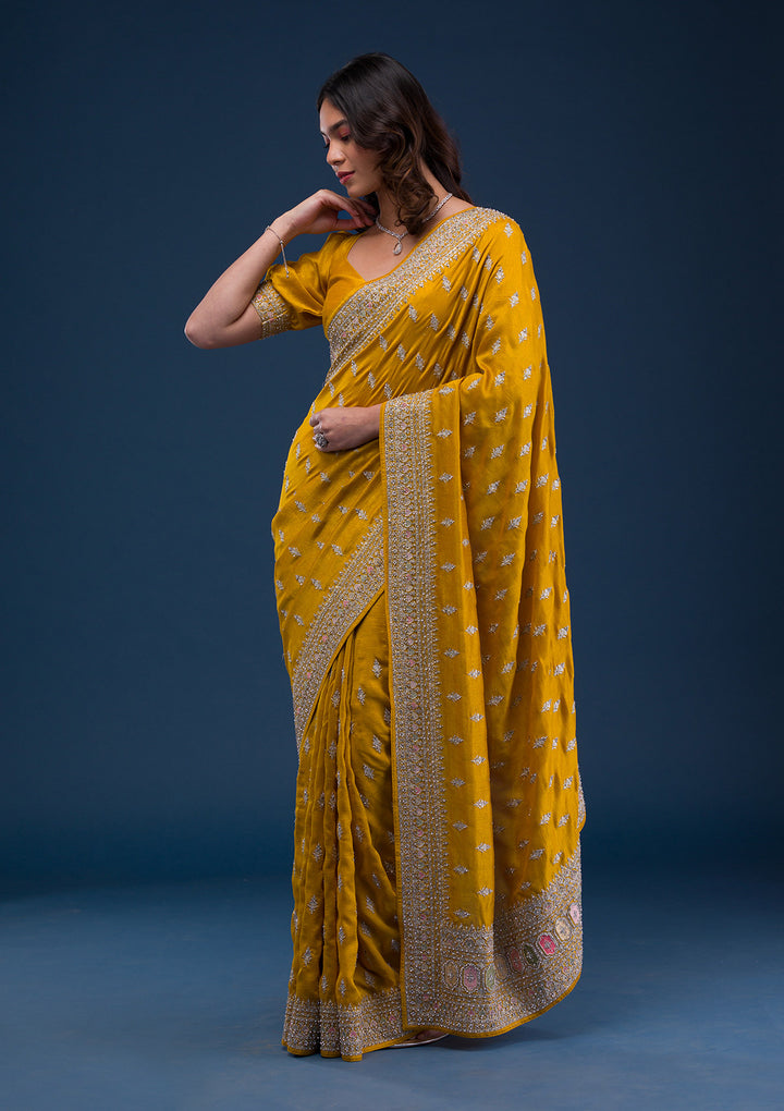 Mustard Zariwork Raw Silk Saree