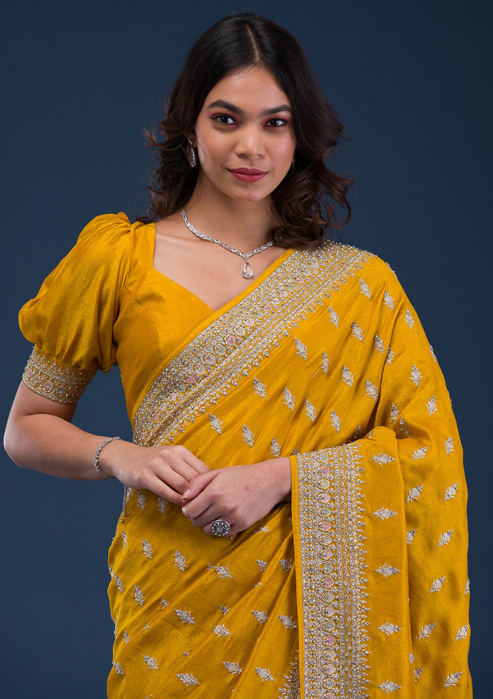 Mustard Zariwork Raw Silk Saree