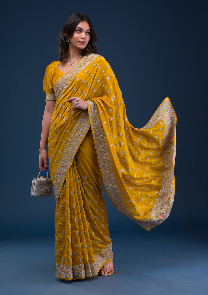 Mustard Zariwork Raw Silk Saree