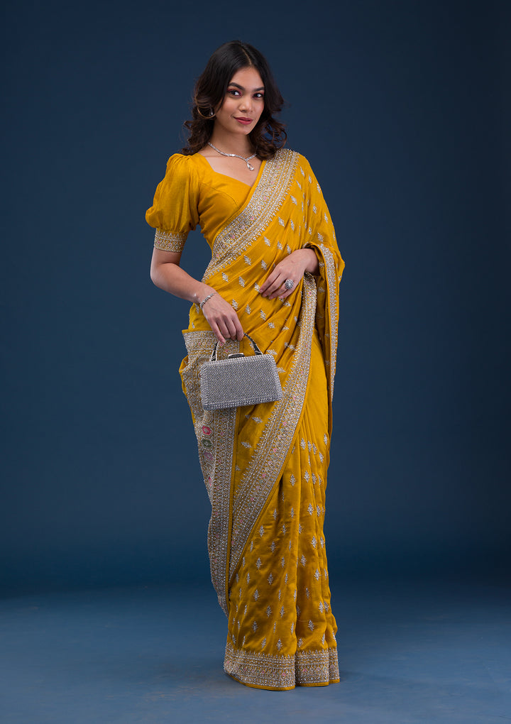 Mustard Zariwork Raw Silk Saree