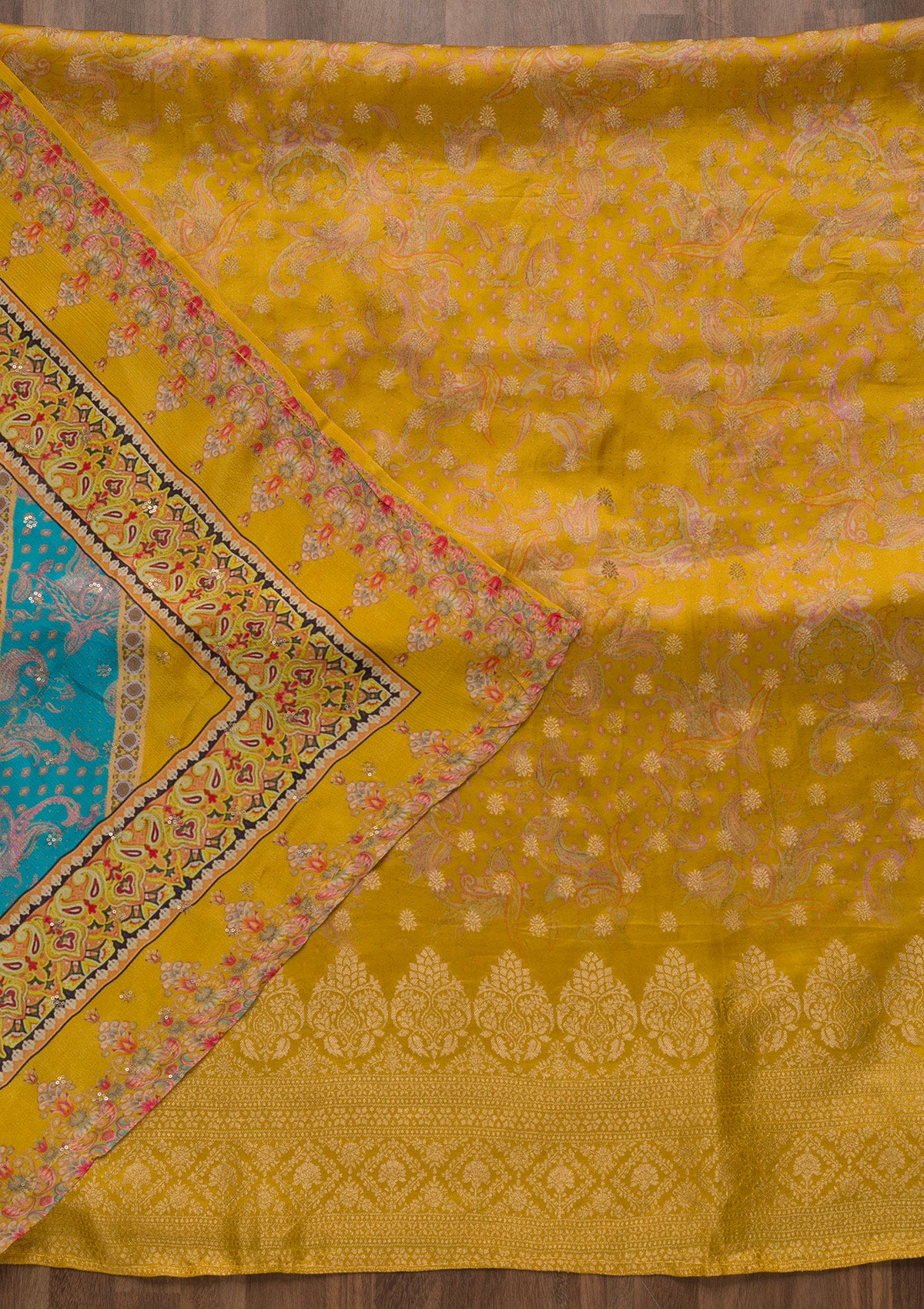 Mustard Zariwork Satin Unstitched Salwar Suit