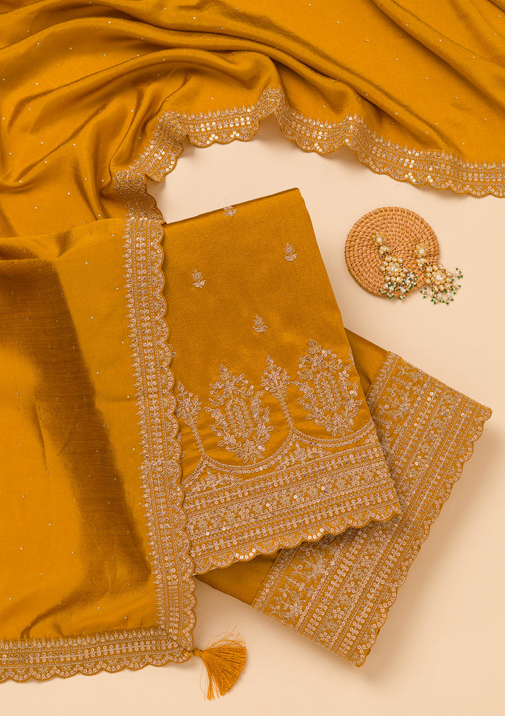 Mustard Zariwork Satin Unstitched Salwar Suit