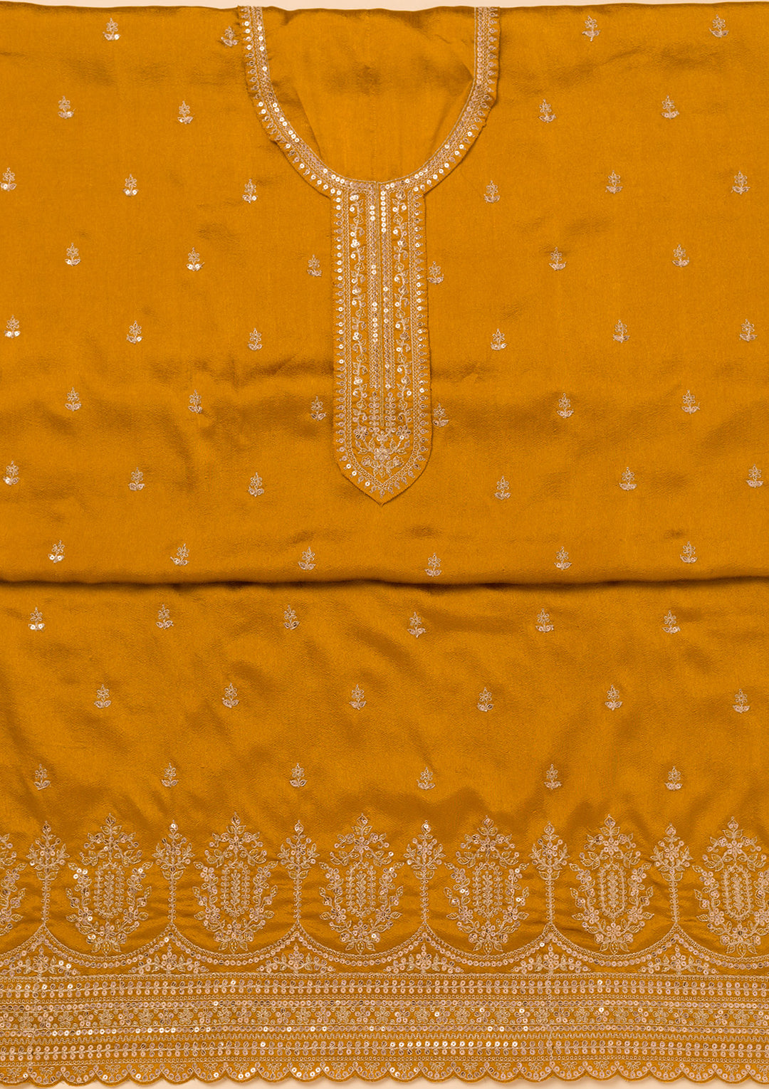 Mustard Zariwork Satin Unstitched Salwar Suit