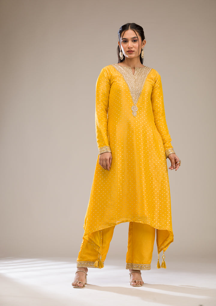Mustard Zariwork Semi Crepe Readymade Salwar Suit
