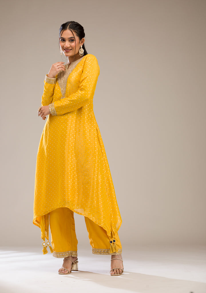 Mustard Zariwork Semi Crepe Readymade Salwar Suit
