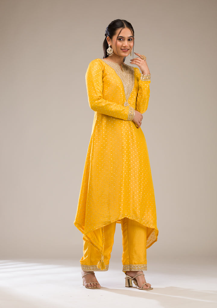 Mustard Zariwork Semi Crepe Readymade Salwar Suit