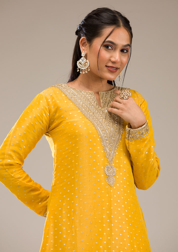 Mustard Zariwork Semi Crepe Readymade Salwar Suit