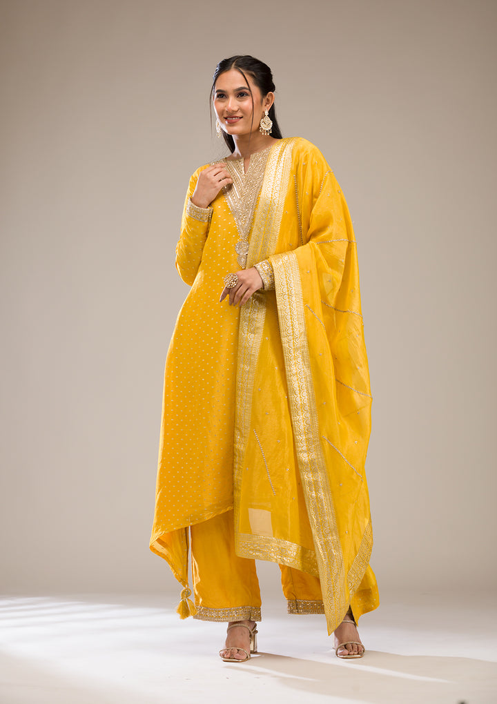 Mustard Zariwork Semi Crepe Readymade Salwar Suit