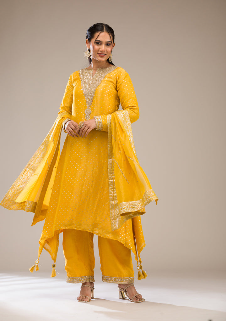 Mustard Zariwork Semi Crepe Readymade Salwar Suit