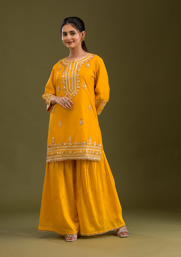 Mustard Zariwork Semi Crepe Readymade Salwar Suit