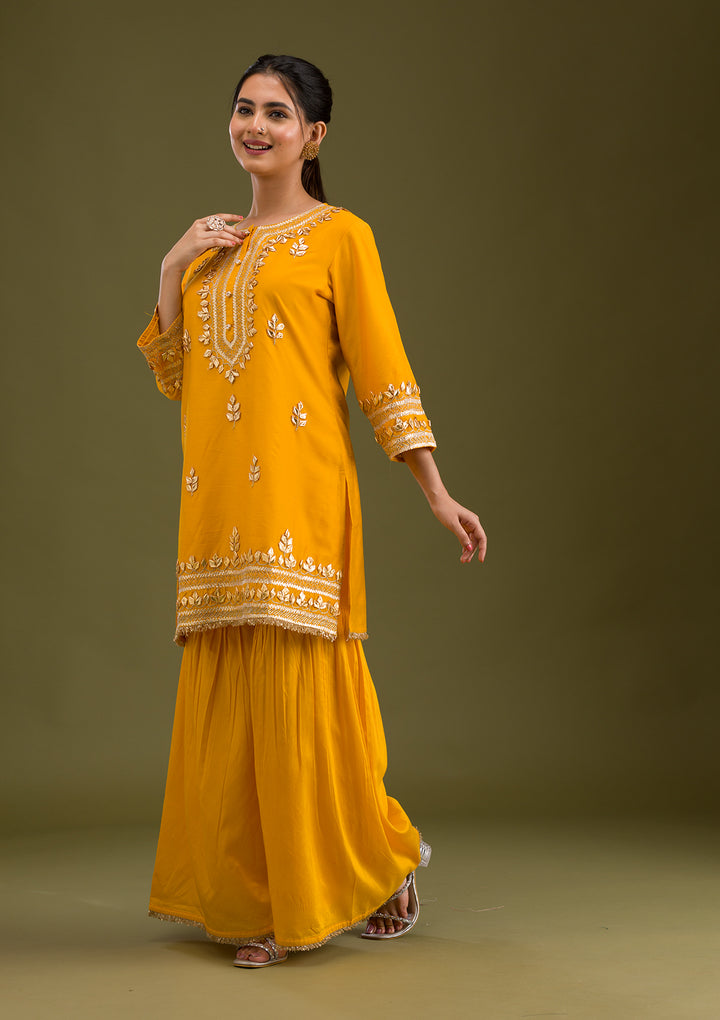 Mustard Zariwork Semi Crepe Readymade Salwar Suit