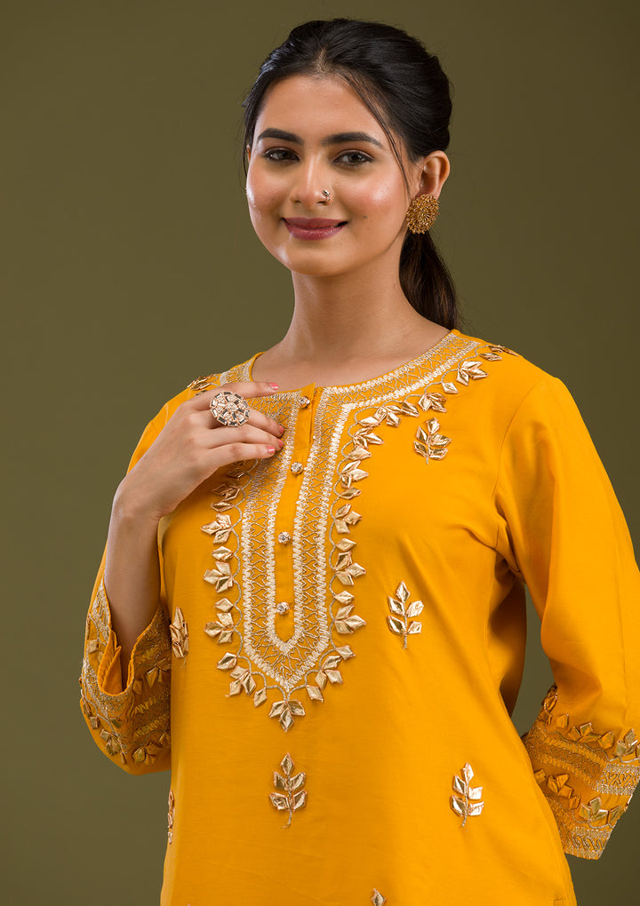 Mustard Zariwork Semi Crepe Readymade Salwar Suit