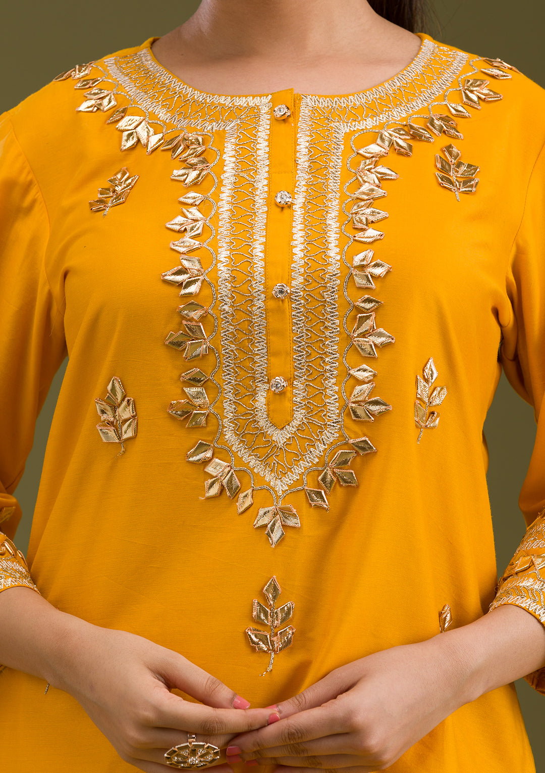 Mustard Zariwork Semi Crepe Readymade Salwar Suit