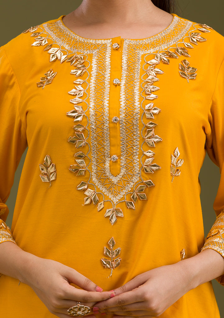 Mustard Zariwork Semi Crepe Readymade Salwar Suit