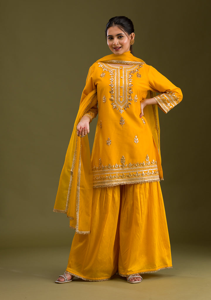 Mustard Zariwork Semi Crepe Readymade Salwar Suit