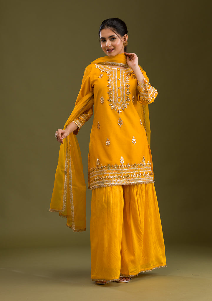 Mustard Zariwork Semi Crepe Readymade Salwar Suit