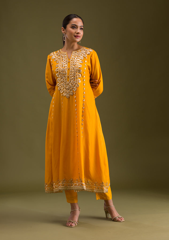 Mustard Zariwork Semi Crepe Readymade Salwar Suit