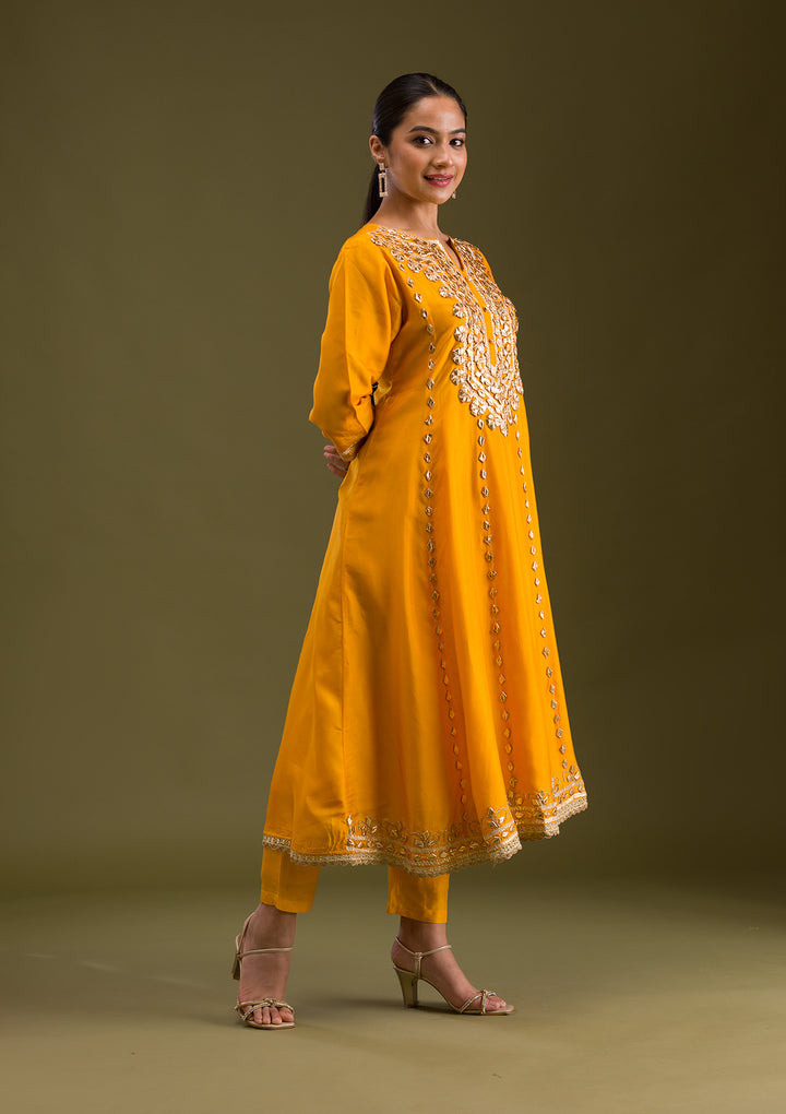 Mustard Zariwork Semi Crepe Readymade Salwar Suit