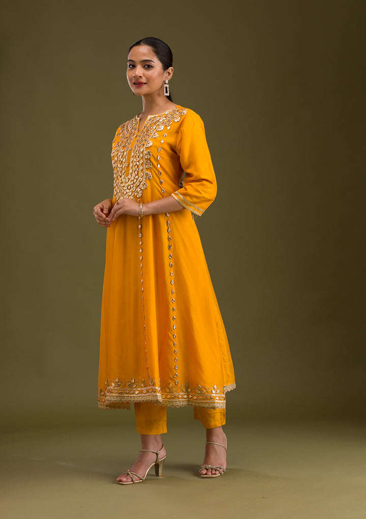 Mustard Zariwork Semi Crepe Readymade Salwar Suit