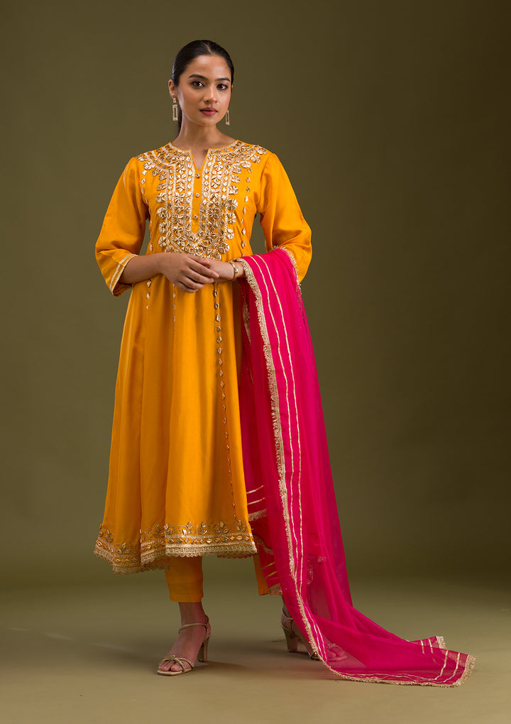 Mustard Zariwork Semi Crepe Readymade Salwar Suit