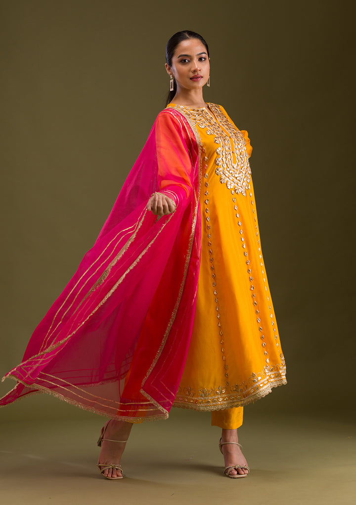 Mustard Zariwork Semi Crepe Readymade Salwar Suit