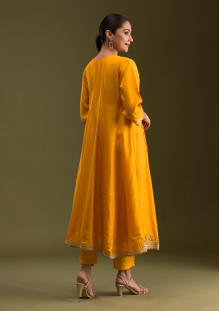 Mustard Zariwork Semi Crepe Readymade Salwar Suit