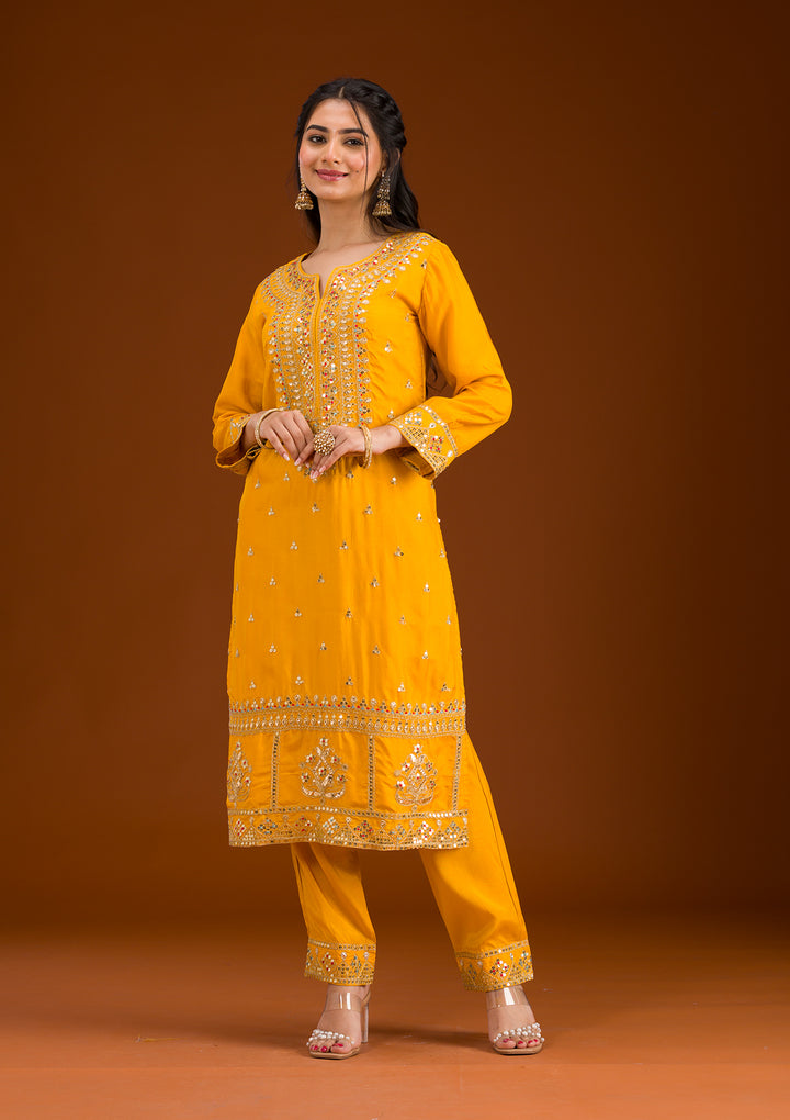 Mustard Zariwork Semi Crepe Readymade Salwar Suit