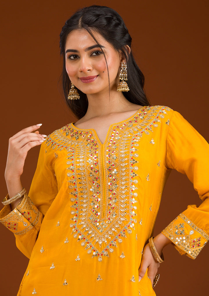 Mustard Zariwork Semi Crepe Readymade Salwar Suit