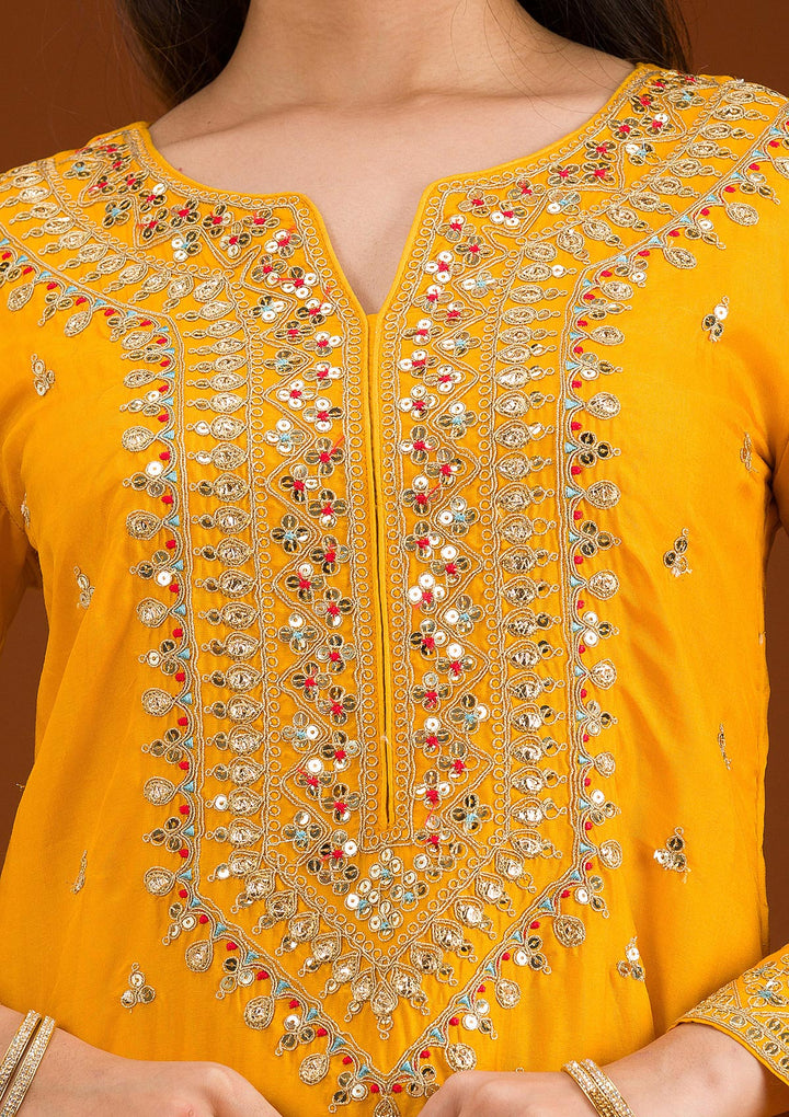 Mustard Zariwork Semi Crepe Readymade Salwar Suit