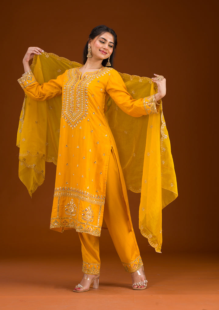 Mustard Zariwork Semi Crepe Readymade Salwar Suit