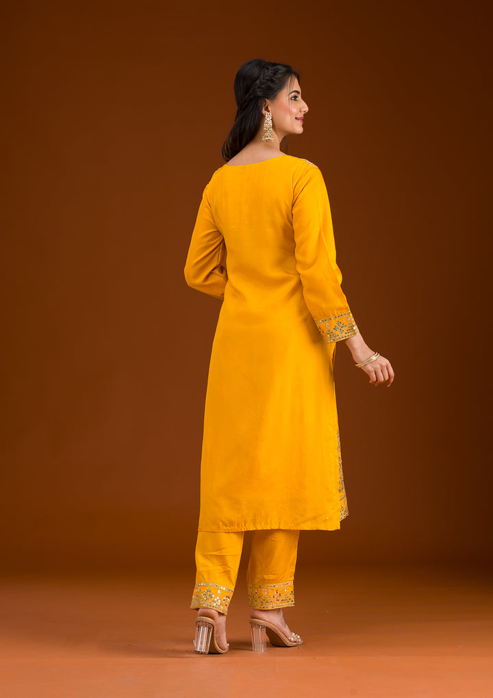 Mustard Zariwork Semi Crepe Readymade Salwar Suit