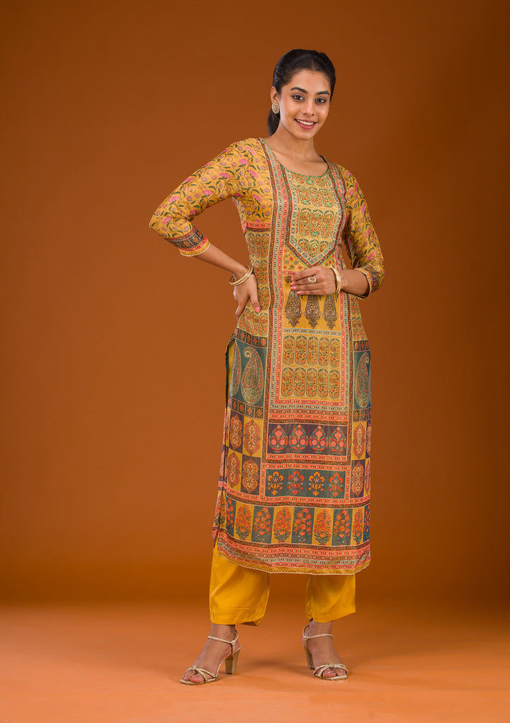 Mustard Zariwork Semi Crepe Readymade Salwar Suit