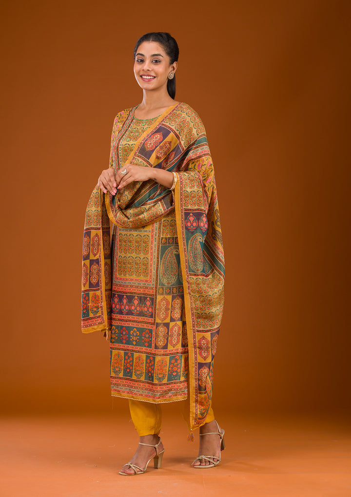 Mustard Zariwork Semi Crepe Readymade Salwar Suit