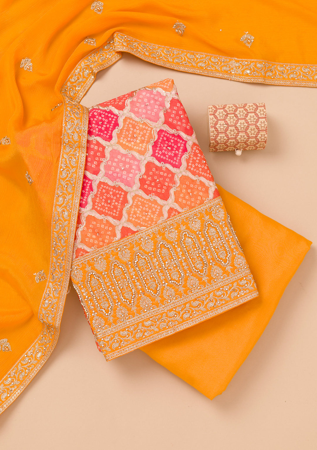 Mustard Zariwork Semi Crepe Unstitched Salwar Suit