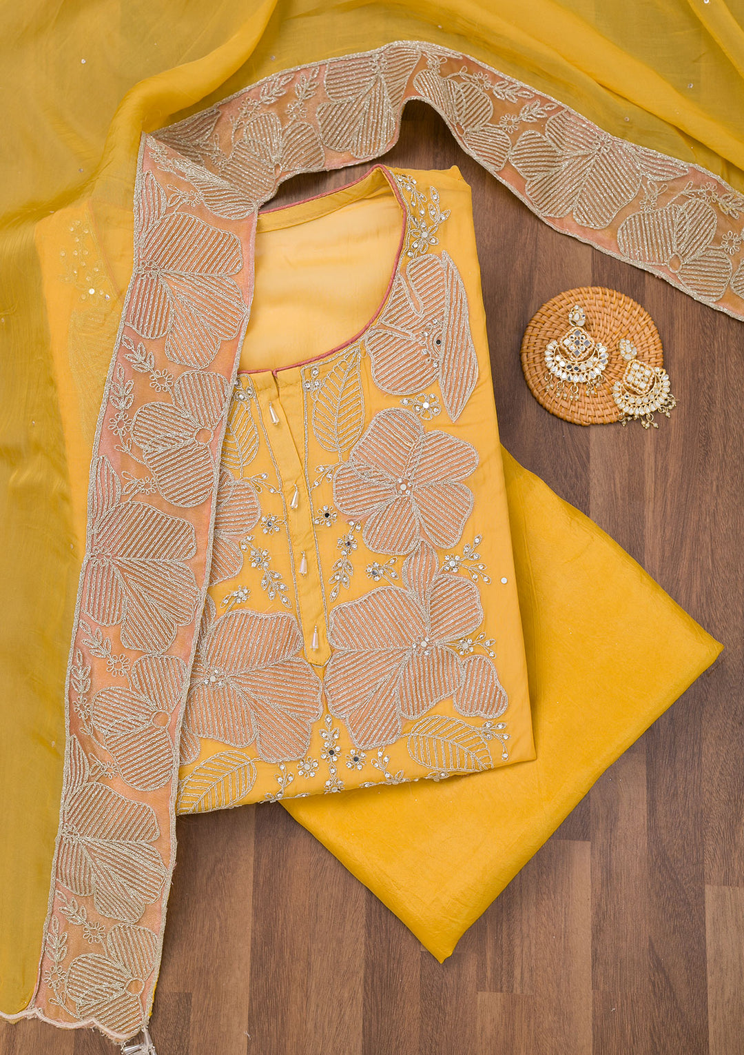 Mustard Zariwork Semi Crepe Unstitched Salwar Suit