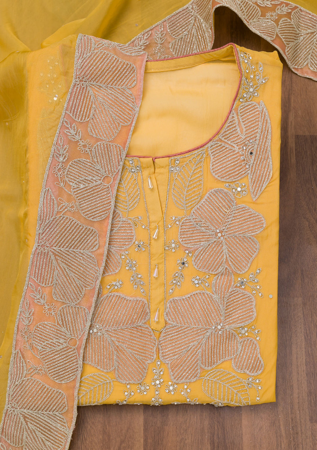 Mustard Zariwork Semi Crepe Unstitched Salwar Suit