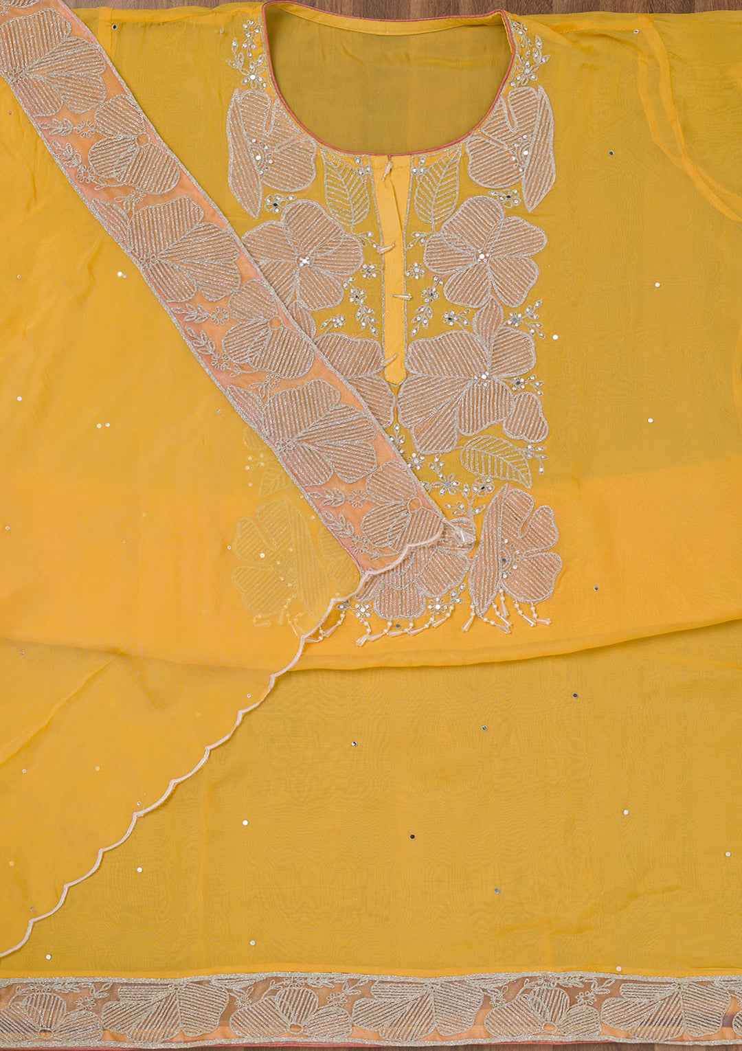 Mustard Zariwork Semi Crepe Unstitched Salwar Suit
