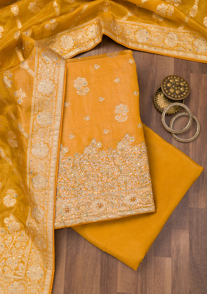 Mustard Zariwork Semi Crepe Unstitched Salwar Suit