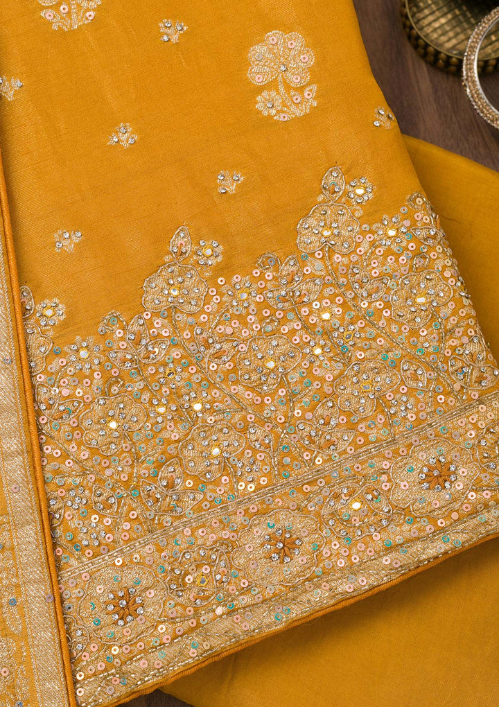 Mustard Zariwork Semi Crepe Unstitched Salwar Suit