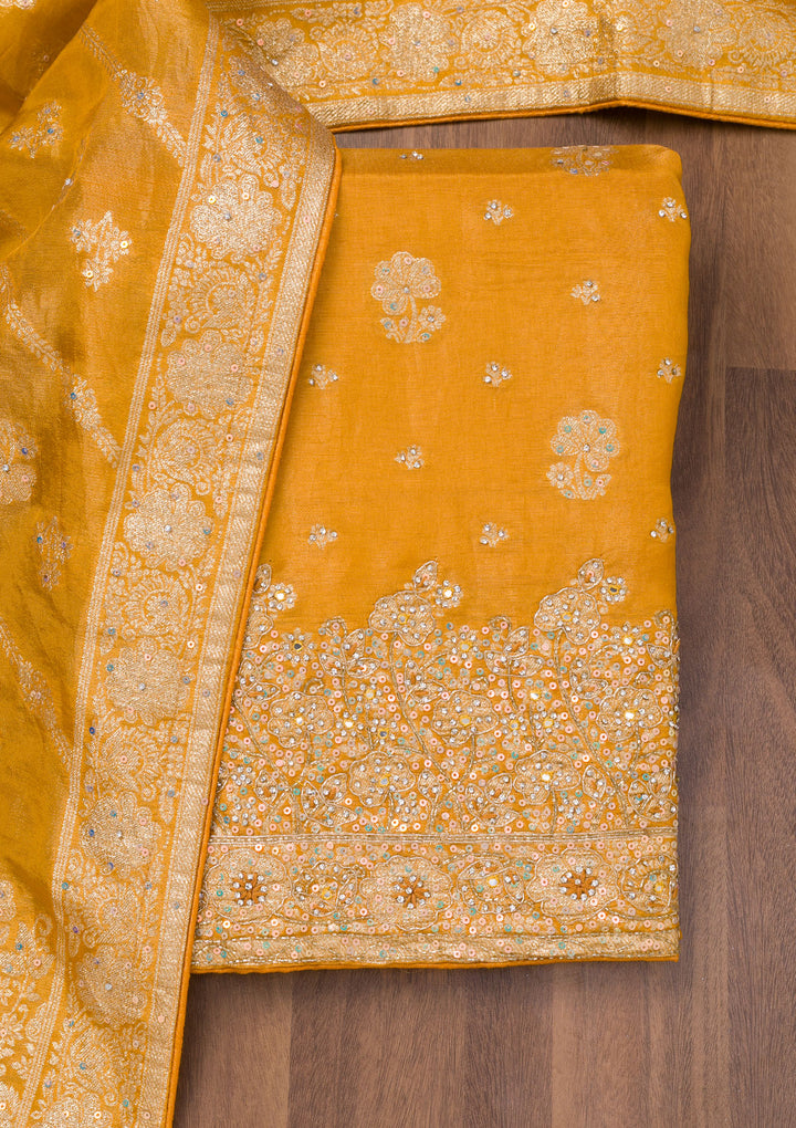 Mustard Zariwork Semi Crepe Unstitched Salwar Suit