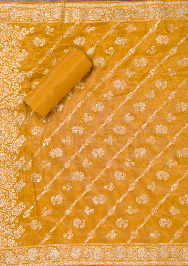 Mustard Zariwork Semi Crepe Unstitched Salwar Suit